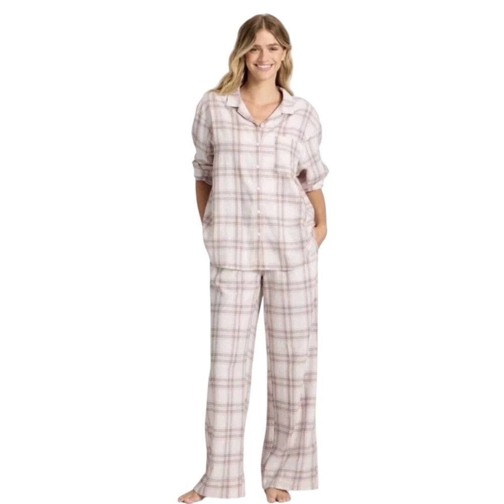 Auden Women's Pink Plaid Flannel Modal 2pc Long Sleeve Pajama Set Size XXL
